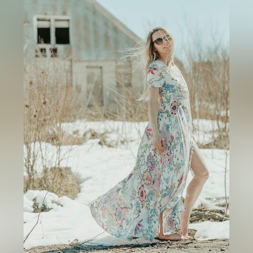 Full length floral dress.
